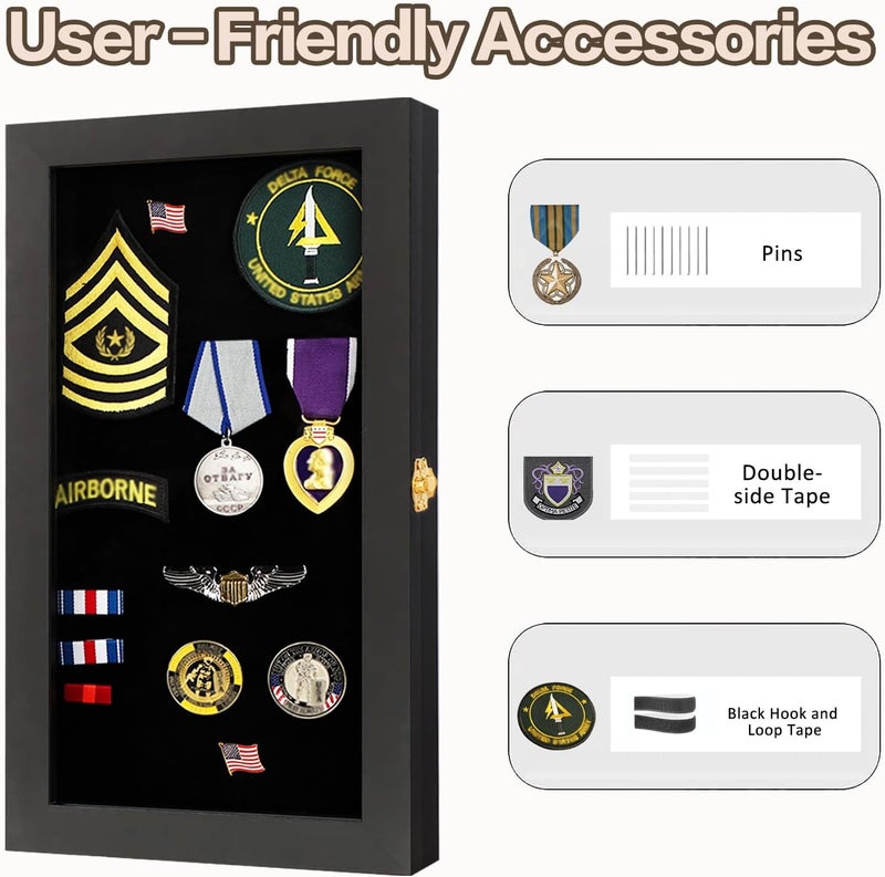 VERANI 8.5 x15 Pin Display Case with Real Glass Door Frame Bracket for Military Medals, Beach Tags, Jewelry Pins, Pin Gift, Insignia Ribbons, Pin Enthusiast Collectibles, Black - Image 2